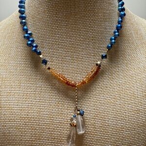 Sophia Forero Elegant Blue Pearl and Gold Necklace, Handmade, Artisan, Bohemian